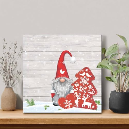 Árbol de Navidad y gnomos con sombrero rojo, pinturas al óleo sobre lienzo, arte de pared, tablero de madera retro, impresión abstracta con marco listo para colgar, decoración de sala de estar, cocina