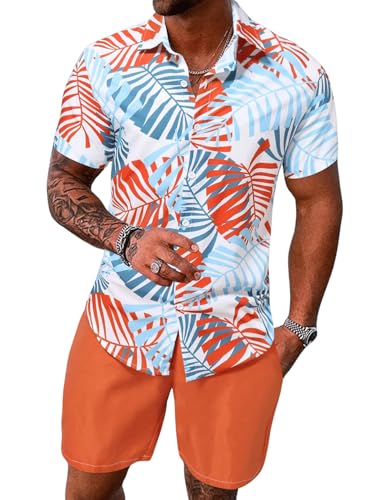 Yimoon Mens Summer Beach Vacation Outfits 2 Piece Tropical Short Sleeve Button Down Hawaiian Shirt and Shorts Set