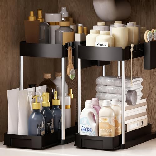 BefeShine Under Sink Organizer,2-Tier Multi-Purpose Storage Organizers for Bathroom & Kitchen,Pull-Out Under Cabinet Organizers and storage with Storage Hooks and Cup(2-Pack)