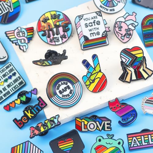Image of 30PCS LGBTQ Pride Pins Set Ally Pins You Are Safe With Me Pin Rainbow Heart Decorations Accessories Merch Gay Lesbian Bisexual Trans Pride LGBTQ