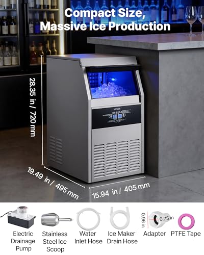 Image of VEVOR Commercial Ice Maker Machine with Pump, 130 lbs /24h with 30 lbs Storage Capacity, Built-in /Freestanding /Under Counter, Stainless Steel Ice Maker with LED Display & Self-Cleaning, for Home Bar
