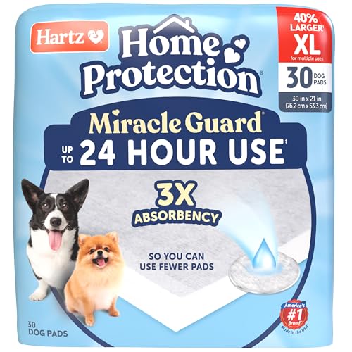 Image of Hartz Miracle Guard Dog and Puppy Dog Pads Max Absorbency 24 Hour Use Odor Eliminating No Leaks, X-Large Size 30 Count