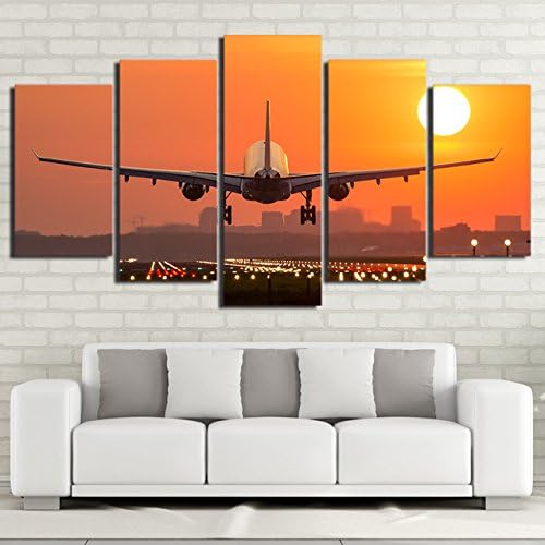 Include Framed Canvas Paintings For Living Room Home Decoration HD Prints 5 Pieces Airplane Sunset Pictures Aircraft Poster Wall Art ,Size 2
