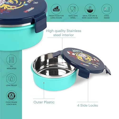 Image of CELLO Kidzbee Pluto Web Warrior Insulated Kids Lunch Box, Navy Blue | Silicone Food-Grade Seal Lid | 3D Touch & Feel Designs | Leak Proof & Secure 4 Sided Click Locks | Ideal for School & Picnic