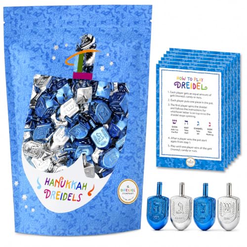 The Dreidel Company 500-Pack Hanukkah Plastic Silver & Blue Metallic Dreidels with English Translation, Spinning Tops Includes Dreidel Game Instruction Card