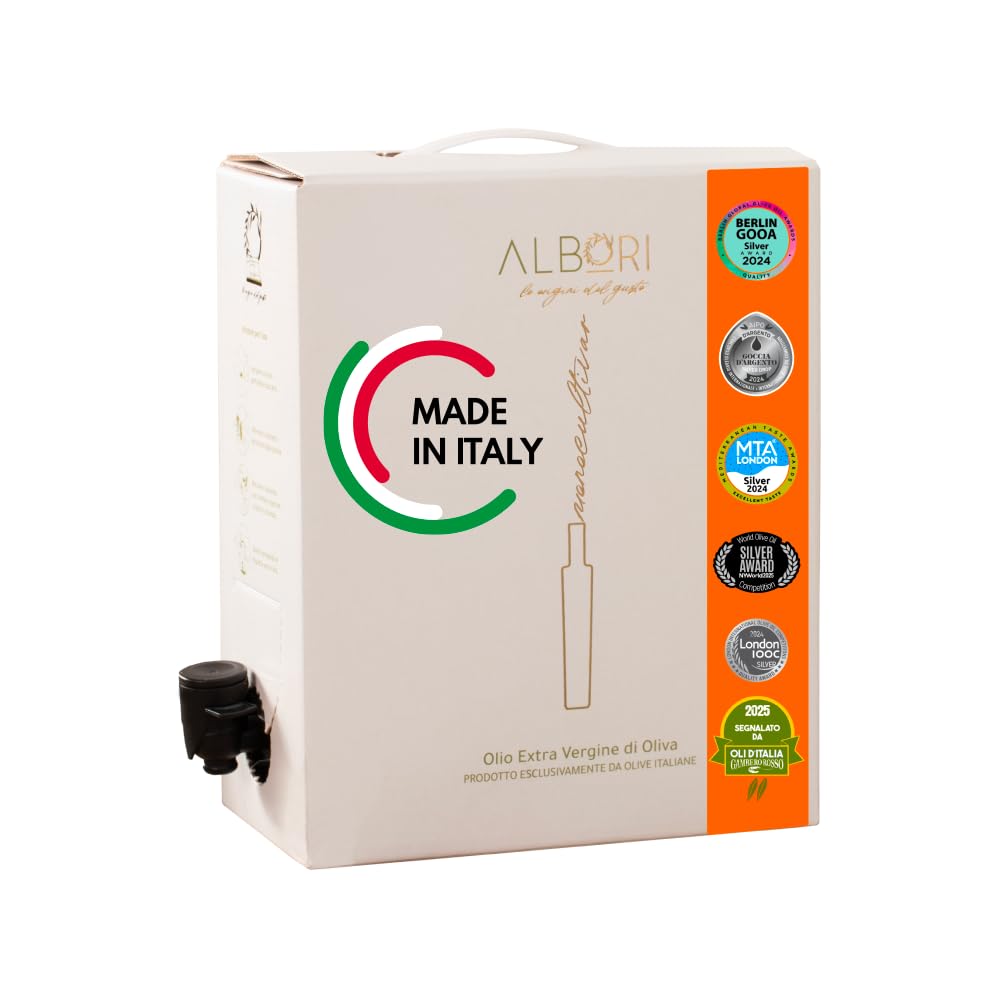 ALBORI Peranzana- Olivenöl 5 Liter NEU 2025/2026 Italienisch Extra Nativ Apulisches Kaltgepresst Monokultivar in Kartonbox Ohne Umfüllen, Intensiven Fisch Fleisch Gemüse Verschwendungsfreier Ausgießer