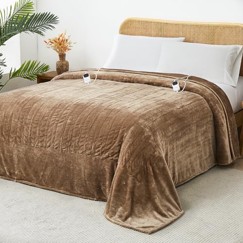 JKMAX Electric Heated Blanket - 10 Heating Levels, Auto Off, Ultra Soft Overheat Protection, Queen Size 84" x 90", Beige