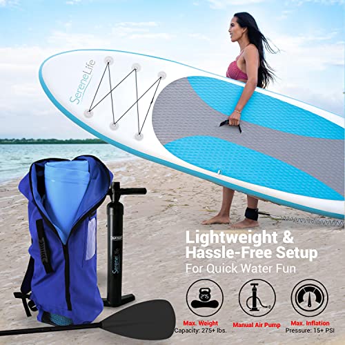 SereneLife Inflatable Stand Up Paddle Board (6 Inches Thick) with Premium Accessories & CarryBag | Wide Stance, Bottom Fin for Paddling, Surf Control, Non-Slip Deck