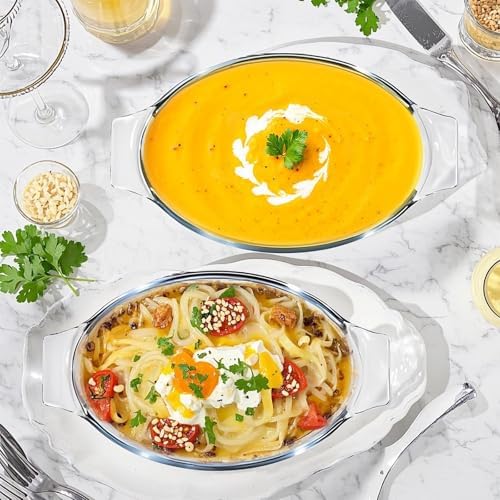 Small Casserole Dishes Oval 2 Pack, 23oz Glass Au Gratin Baking Dish, Individual Oval Baking Pan for Oven Microwave Air Fryer, 1 or 2 Person Servings, Bakeware Clear Prep Bowls with Handle - Thumbnail 2