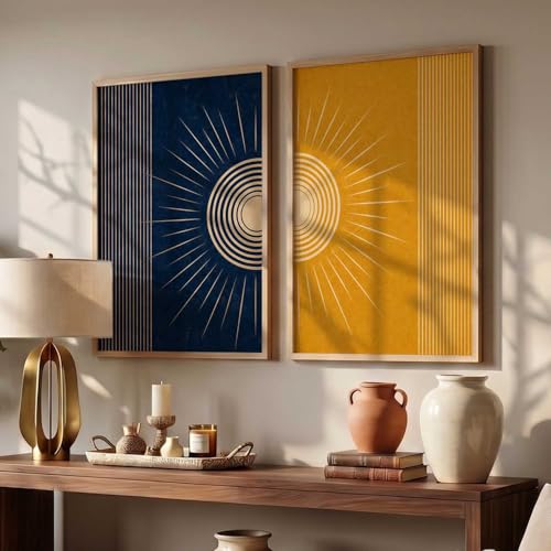 Image of YANVEER Modern Sunburst Abstract Wall Art Painting | Boho Minimalist Sun Art Home Decoration Painting With Frame For Living Room Bedroom Office Wall Decor Size (10X13 inch)