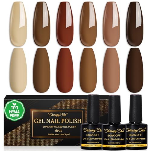 Shining She Gel Nail Polish Brown TPO-Free HEMA-Free Gel Polish 6 Colors Light Brown Dark Brown Reddish Brown Soak-Off UV Nail Polish Autumn Winter for Beginners Manicure Salon DIY at Home 8ML