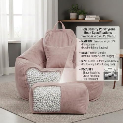 Image of KAM'S LIEU 5XL Premium Imported Suede Bean Bag Chair with Footrest & Cushion | Filled with High Density Polystyrene Beans | Premium Soft Fabric | Ready to Use Color- (Rose Gold, 5XL)