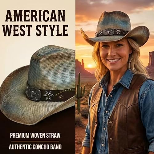 Image of YOUBADU Western Straw Cowboy and Cowgirl Hats with Decorative Bands - Unisex Wide Brim Raffia Style Sun Hat