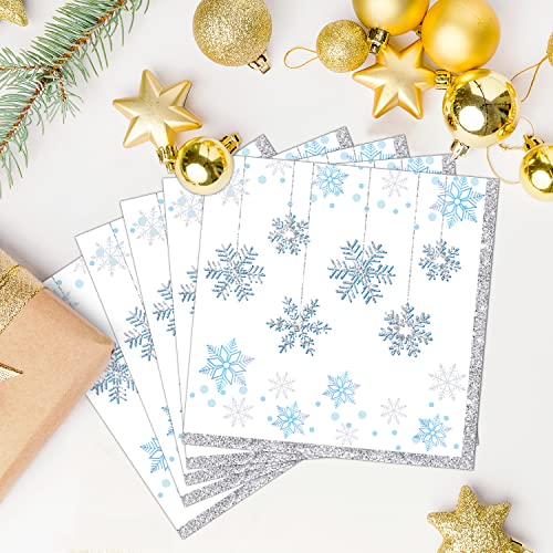 Dulousia Snowflake Napkins, Disposable Wonderland Party Paper Napkins, Luncheon Blue White Snow Theme Party Decorations, Birthday Beverage Napkin, Winter Celebration Supplies, Unfolded 13X13In, 40Ct #TOP5