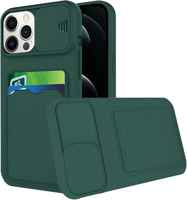 Tiwinxing Compatible with iPhone 13 Pro Max Case with Card Holder iPhone 13 Pro Max Phone Case with Pushable Camera Lens Protector Shockproof Anti-Scratch Cases (Dark Green, iPhone 13 Pro Max)