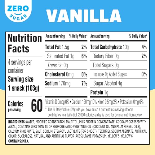 Jell-O Vanilla Artificially Flavored Zero Sugar Ready-to-Eat Pudding Snack Cups, 4 ct Cups