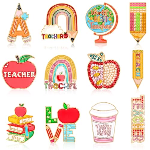Image of 12Pcs Teacher Brooches Teacher Appreciation Gifts Pins Bulk Thank You Gift for Back to School DIY Brooch Pins for Hats Clothes Bags Backpack