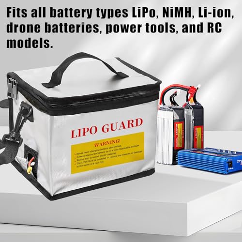 Qloi-LeUe Lipo Battery Bag Fireproof - 8.46"x5.71"x6.5" Safe Charging & Storage Pouch for RC Drone Batteries, Double Zipper Bag with Detachable Shoulder Strap White — view 4