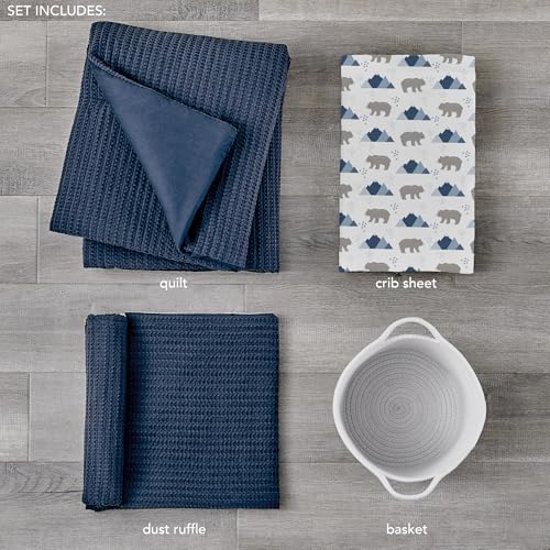 Image of Levtex Baby - Mills Waffle Crib Bed Set - Baby Nursery Set - Navy - Navy Textured Waffle - 4 Piece Set Includes Quilt, Fitted Sheet, Dust Ruffle and Rope Basket