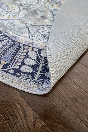 Softwoven Rugs, 5' Round Machine Washable Rug, 90% Cotton, Non-Slip, Family & Pet Friendly, Stain Resistant, Non-Shed, Traditional Vintage Area Rug For Living Room, Hallway - Navy And Lt.blue #TOP2