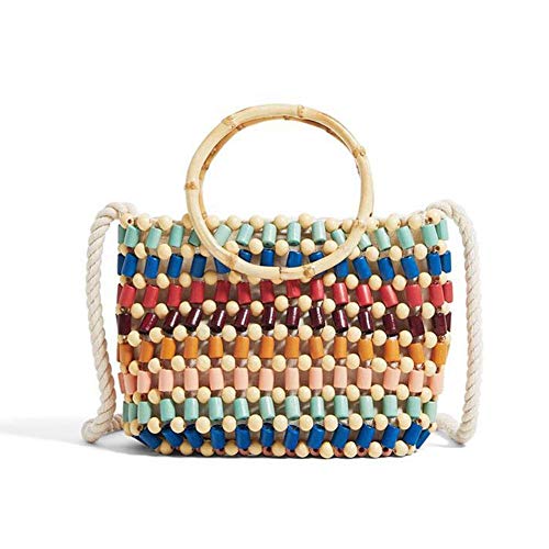 heresell Bolso de Mano, Madera Natural, con Cuentas de Madera Natural, Estilo Retro, Bolsa de Playa, Bolsa de Hombro para Viajes en la Playa y Uso Diario