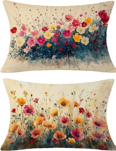 Housse de Coussin 40x60 cm en Lin Imperméable Fleur Moutarde Lot 2