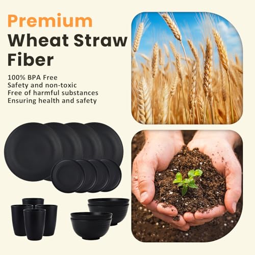 Image of Homienly 16-Piece Wheat Straw Dinnerware Sets, Reusable Unbreakable Plates and Bowls Sets,Cups,Service for 4, Premium Dishwasher and Microwave Safe Dish Sets for Kitchen,Outdoor - Black