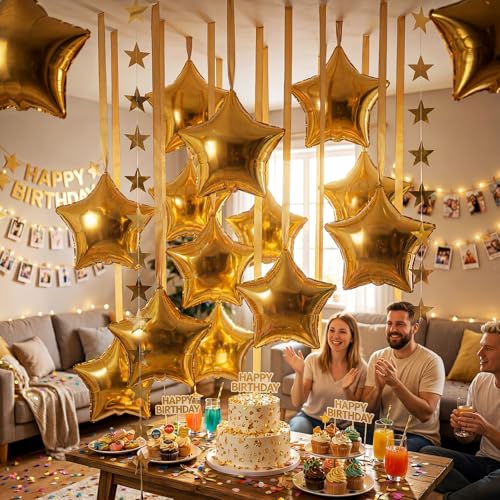 Duraaamo 30 Set Star Foil Balloons Bulk 22 Inch Metallic Star Balloons and Stars Banner and Satin Ribbon for Ceiling Birthday Ornaments Party Decor(Gold) by Duraaamo - Used condition - Image 2