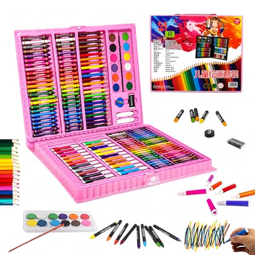 Image of WISHKEY 208 Pieces Art Set for Kids with Storage Case, All in One Art and Craft Supplies Kit for Drawing and Painting with Marker, Watercolor, Pens, Crayons, Color Pencils (Pack of 1, Pink)
