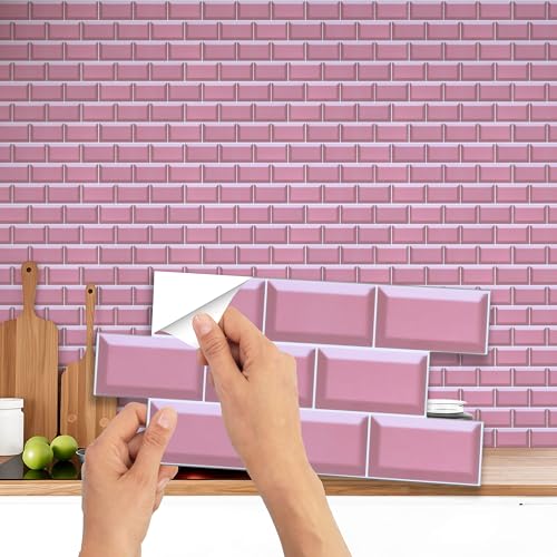 WALPLUS 12 Pièces Carreaux Adhesif Cuisine 15x30 cm Stickers Muraux Cuisine Amovible Carreaux Adhesif Salle de bain Métro Rose Credence Adhesive Salle de Bain