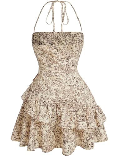 Image of Narecte Summer Dresses for Women,Tie Halter Mini Dress,Floral Print Short Dress,Ruffle Trim Casual Dresses