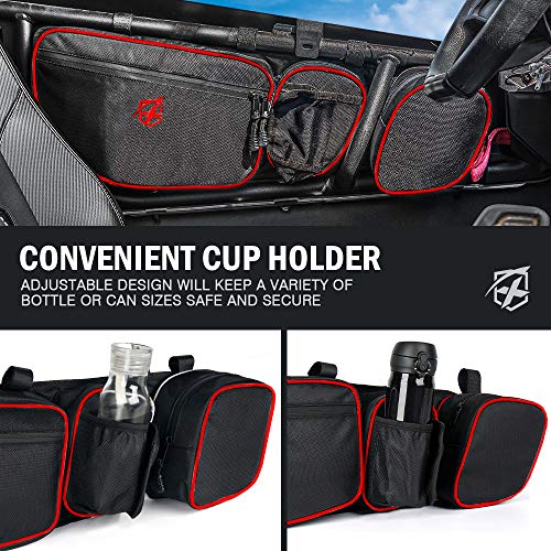 Image of Xprite UTV Front Side Door Storage Bags for 2017, 2018, 2019, 2020 Can-Am Maverick X3 Max XRS XDS Turbo R, Off-road Multi-Purpose Organizer Pocket w /Cup, Phone Holder & Removable Knee Pad - Redlining