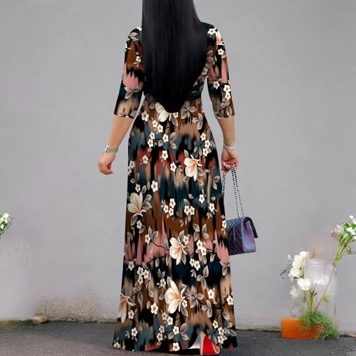 Image of Women's V Neck Floral Maxi Dress 3 /4 Sleeve Plus Size Boho Wrap Flowy Long Dresses with Belt