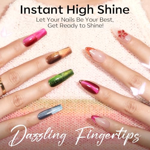 Image of modelones 12Pcs 15ML Cat Eye Gel Nail Polish Set, Same Color Same Bottle Summer Green Blue Yellow Pink Red Purple Cateye Gel Polish Set with Magnet Sparkle Series Hema-free Gel Polish Kit Nail Art