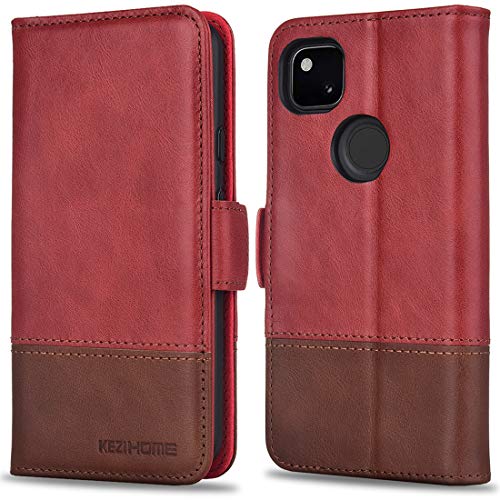 KEZiHOME Case for Pixel 4a [Not Fit Google Pixel 4a 5G], Genuine Leather [RFID Blocking] Google Pixel 4a Wallet Case Credit Card Slot Flip Folio Magnetic Stand Case for Google Pixel 4a (Red/Brown)