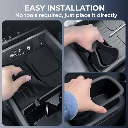 Image of 1st & 2nd Row Cup Holder Insert & Wireless Charging Protective Mat for Hyundai Santa Fe 2026 2025 2024, Center Console Interior Accessories Cup Holder & Wireless Charger Cover Pad, Black