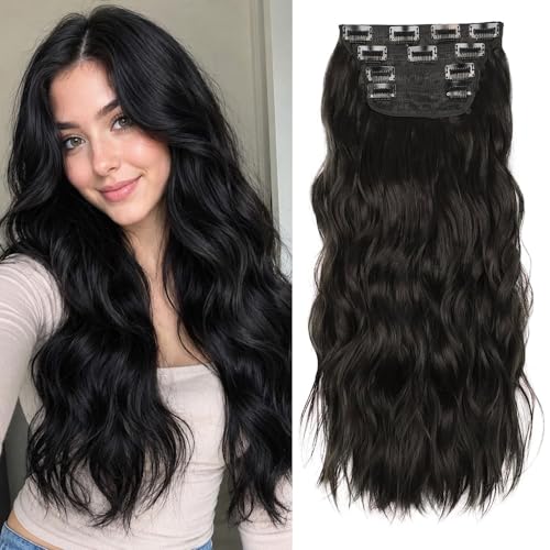 Black Hair Extensions, 20 Inches Soft Synthetic Curly Hair Extensions Clip ins (Color: Black)
