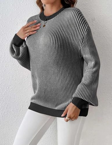 Image of Zeagoo Women 2026 Fall Lightweight Oversized Sweater Crew Neck Long Sleeve Color Block Pullover Rib Knit Blouse Tops XS-2XL