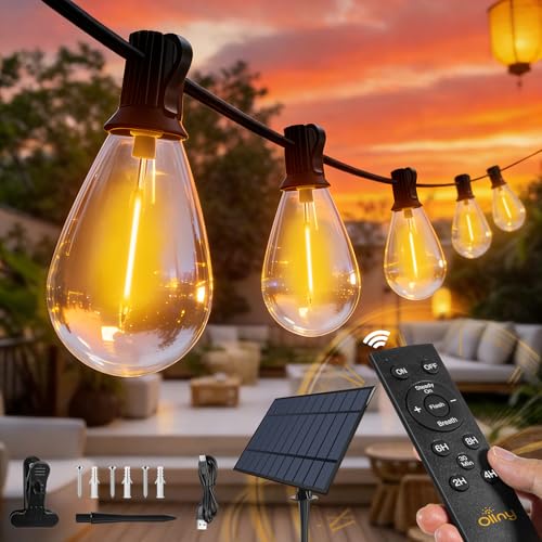 Ollny S11 50FT Solar String Lights Outdoor with Remote Waterproof Dimmable Patio Lights with Timer & 3 Lighting Modes 16 Shatterproof Edison Bulbs String Lights for Outside Backyard Party Dcor