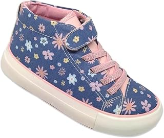 حذاء رياضي قماش برقبة عالية مطبوع عليه زهور للبنات، ازرق كحلي وزهري، برباط