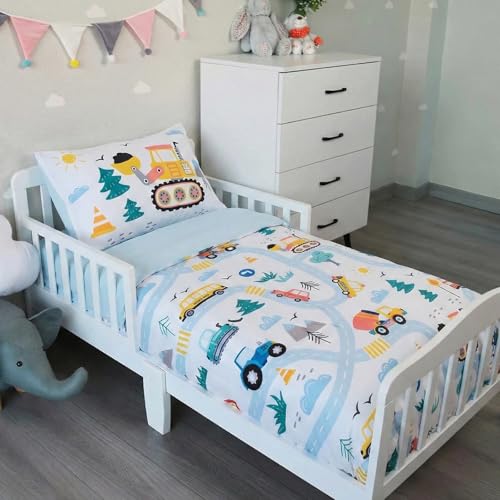 Image of NTBED 4 Pieces Construction Toddler Bedding Set for Baby Boys, Truck Vehicles Excavator Cars Printed, Includes Comforter, Flat Sheet, Fitted Sheet and Pillowcase,Light Blue