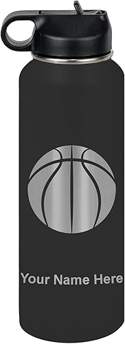 Miniatura 65 de LaserGram Botella de agua personalizada, pelota de baloncesto, acero inoxidable de doble pared aislada al vacío con popote superior, regalo grabado