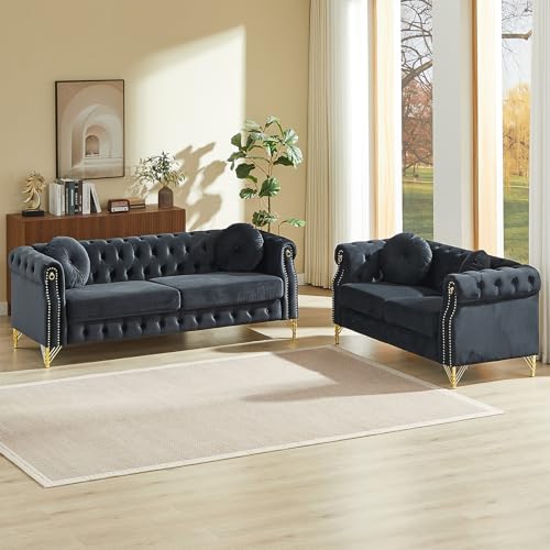 2 Piece Chesterfield Sofa Velvet, Couch and Loveseat Sets with Nailhead Trim & Gold Legs, Mid Century Modern Button Tufted Couch Sets with Pillows for Living Room, Bedroom, Apartment, Office, Black