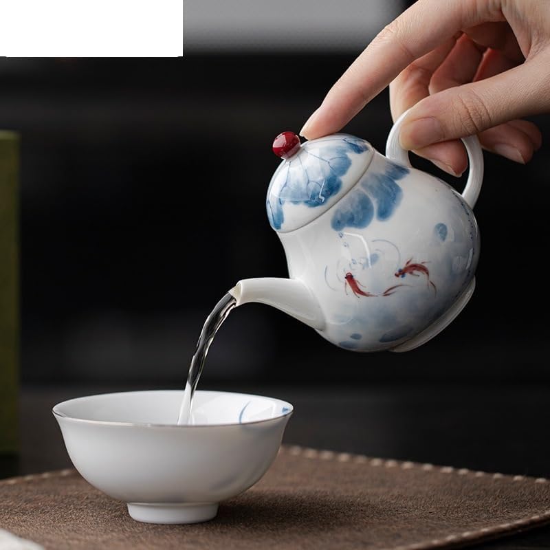 tea infuser teapot Tea Kettle 145ml Hand-Painted Fish Play Lotus Pond Teapot Pure Handmade White Porcelain Zen Pot Tea Maker Kettle Cha Accessories Ornaments Loose Leaf Steeper Tea Infuser Pot