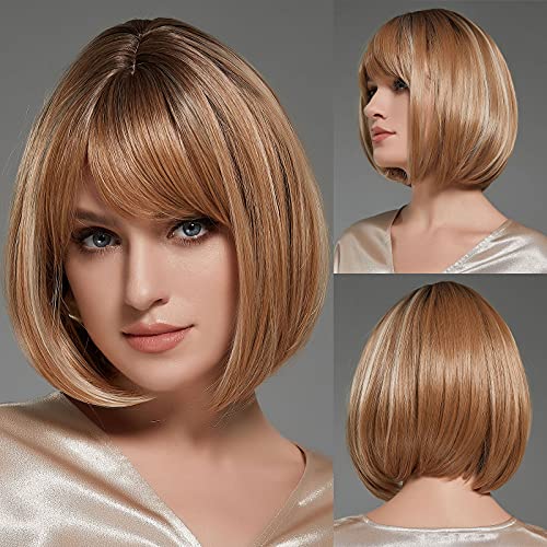 HAIRCUBE Classical Blonde Bob Wig Ombre Blonde Dark Root with Highlight Short Bob Wigs for Women Hair Replacement Wigs with Bangs