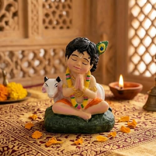 Image of Bal Gopal Krishna Statue with Holy Cow - Small Resin Krishna Idol for Puja Room, Living Room Decoration Items, Janmashtami Gift & Home Inauguration Return Gifts