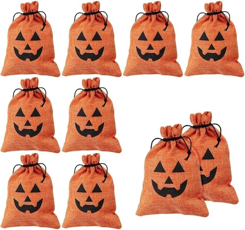 10 قطع من اكياس هدايا خيش اليقطين للهالوين مع رباط، اكياس هد...