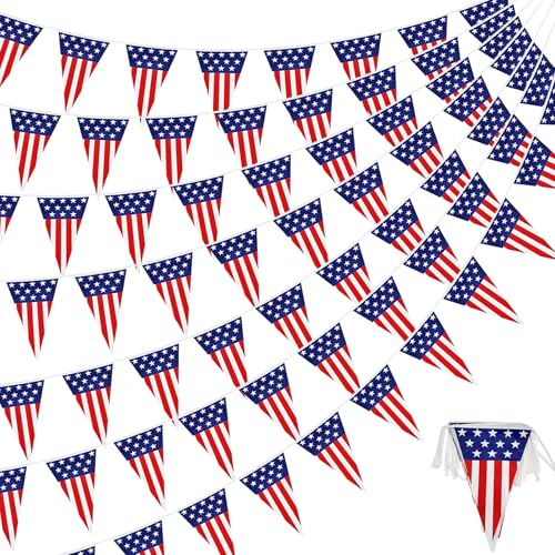 30Ft USA Flag Pennant Banner 4th of July American Flag Banner Red White Blue Stars and Stripes Pennant for Courtyard Independence Day Patriotic Party Decorations