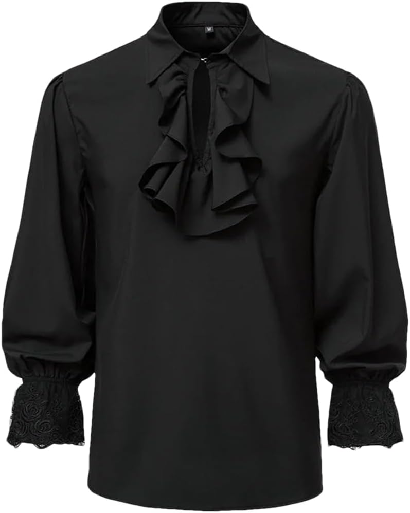 Men Long Sleeve Frill Shirt Halloween Ruffle Neck Top Costume Gothic Party Blouse for Adult