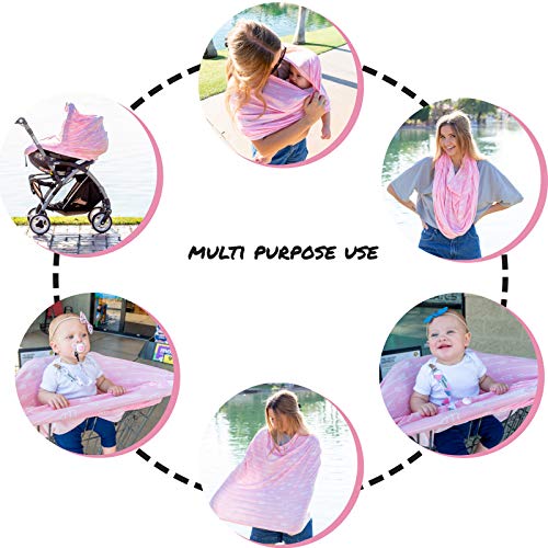 Dodo Babies Nursing Cover Set – Soft, Multipurpose Stretch Scarf for Breastfeeding and Car Seat Cover, Two Universal Pacifier Holders, Binky Case, Storage Bag – Playful Pink Print for Baby Girl